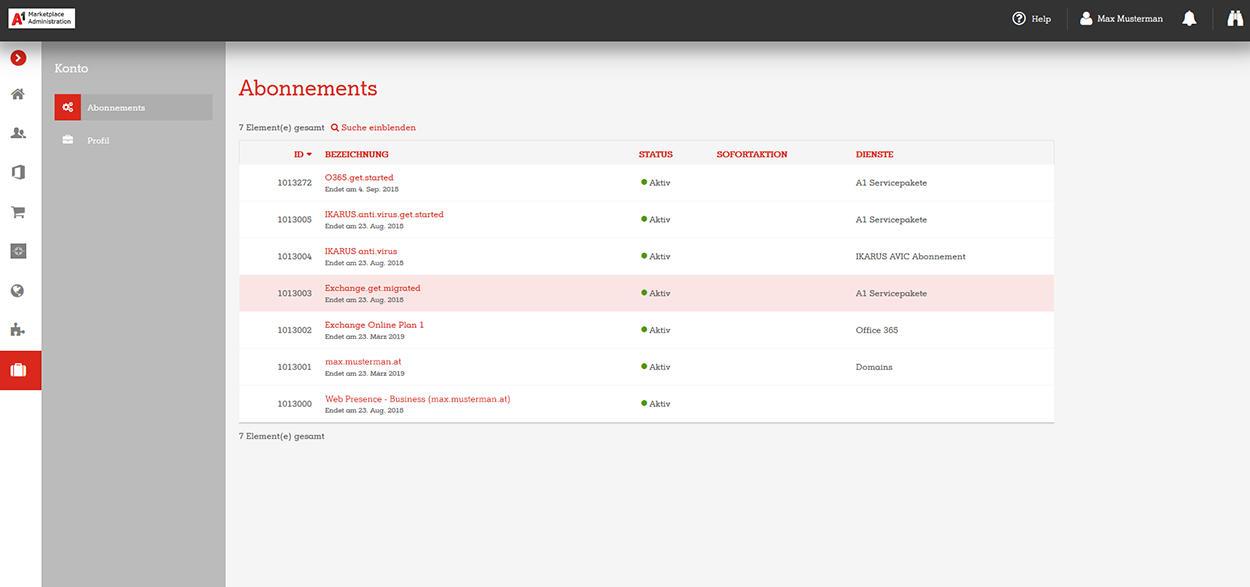 A1 Marketplace Admin Portal Konto